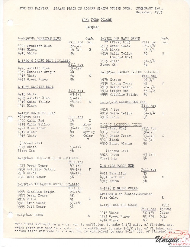 1954 Ford Paint Charts Rogers Pant